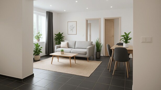 A modern living room with a sofa, coffee table, and dining area. - Arena Suites Hannover (Hannover)