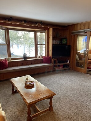 Smart TV, fireplace, DVD player, books