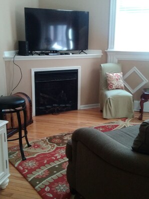 Smart TV, fireplace, books
