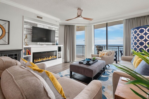 TV, fireplace, DVD player, books