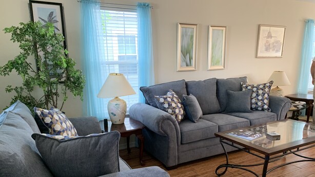Ein Wohnzimmer mit zwei grauen Sofas, einem Glastisch und einer Zimmerpflanze.