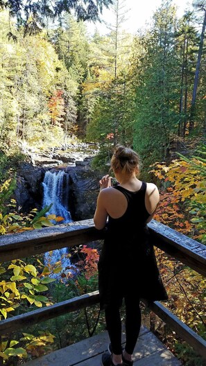 Una persona de pie sobre un puente de madera con vista a una cascada en un área boscosa con follaje otoñal.