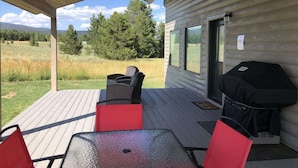 Un espacio al aire libre cubierto con una mesa, sillas, una parrilla y vistas a un campo césped y árboles.