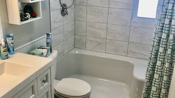 Shower, hair dryer, towels, toilet paper