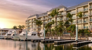 A marina with several boats docked, a multi-story hotel with balconies and palm trees, and a calm waterfront setting.
