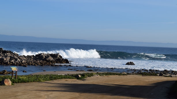 A coastal road with a rocky shoreline and waves crashing onto the beach. - Birdies, Beaches and Butterflies in Pacific Grove! Pet Friendly-Premier location (Pacific Grove)