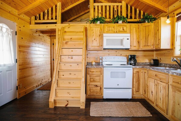Fridge, microwave, stovetop, coffee/tea maker