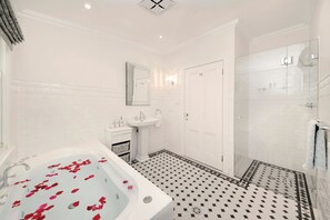 Douche, baignoire à jets, sèche-cheveux, serviettes fournies