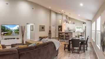 Smart TV, fireplace, video games, DVD player