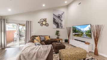 Smart TV, fireplace, video games, DVD player