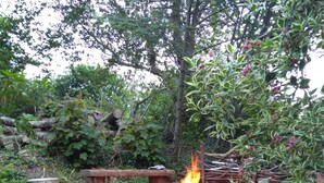 A campfire with a sign reading "Campfire Circle" surrounded by trees and wooden benches. - Fantastic couples escape to the country. Close to the coast in peaceful location (Boncath)