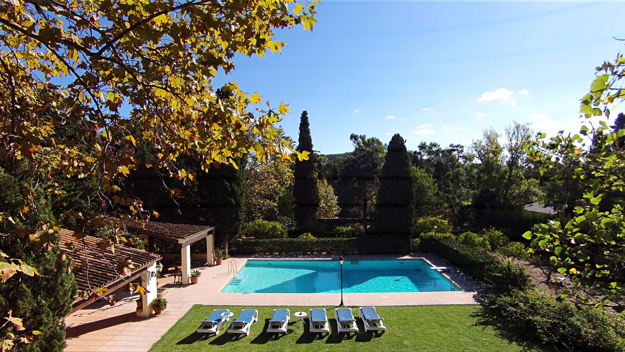 Uma piscina com espreguiçadeiras, um pergolado e um jardim com árvores e arbustos.