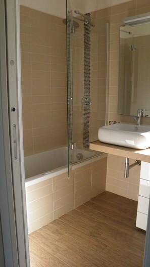 Combined shower/tub, hair dryer, bidet, towels