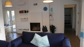 TV, fireplace, books