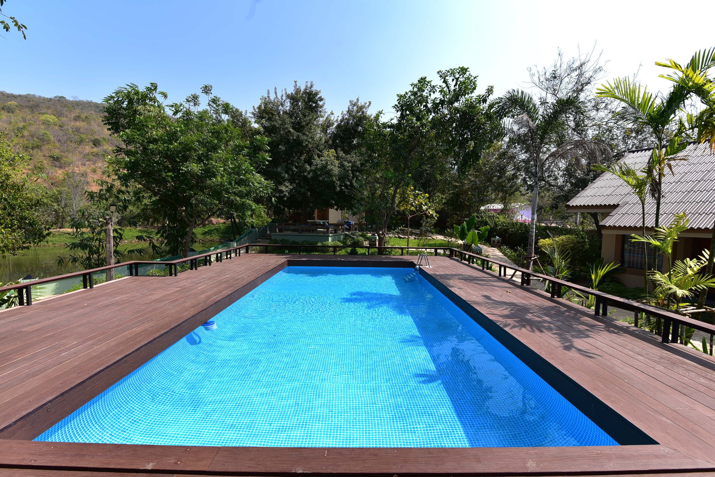 outdoor pool, pool loungers