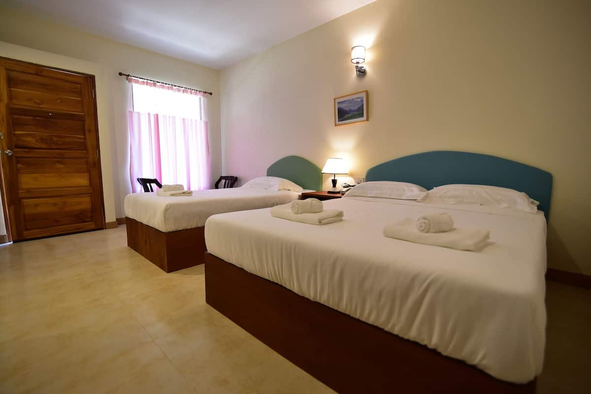 A hotel room with two beds, a wooden door, a window with curtains, and a wall-mounted lamp.