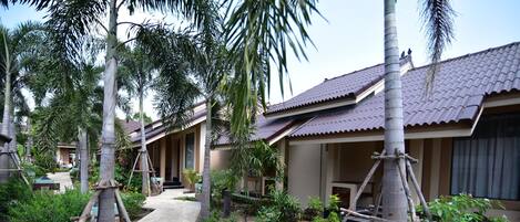 A pathway leading to a building with a tiled roof and a garden with palm trees and shrubs.