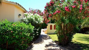 Un chemin menant à un bâtiment à la façade jaune et aux détails rouges, entouré d’une végétation luxuriante et de plantes en fleurs.
