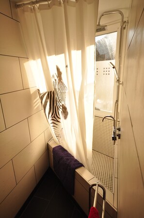Bañera con ducha, secador de pelo, toallas, jabón