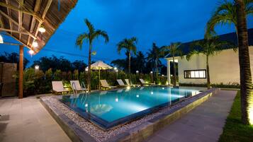Outdoor pool, pool umbrellas, pool loungers