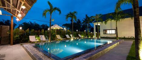 Outdoor pool, pool umbrellas, pool loungers