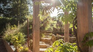 A wooden pergola structure with a stone pathway leading through a garden. - The elbowroom escape (Donard)