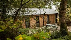 A rustic cabin with a brick exterior, surrounded by dense foliage and a wooden deck. - The elbowroom escape (Donard)