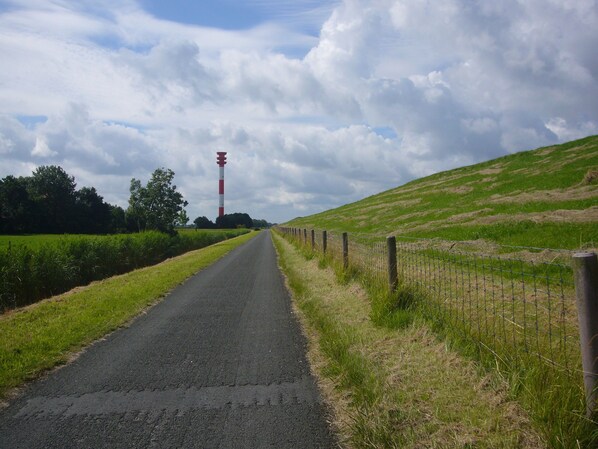 A rural road flanked by a fence and a lighthouse in the distance.