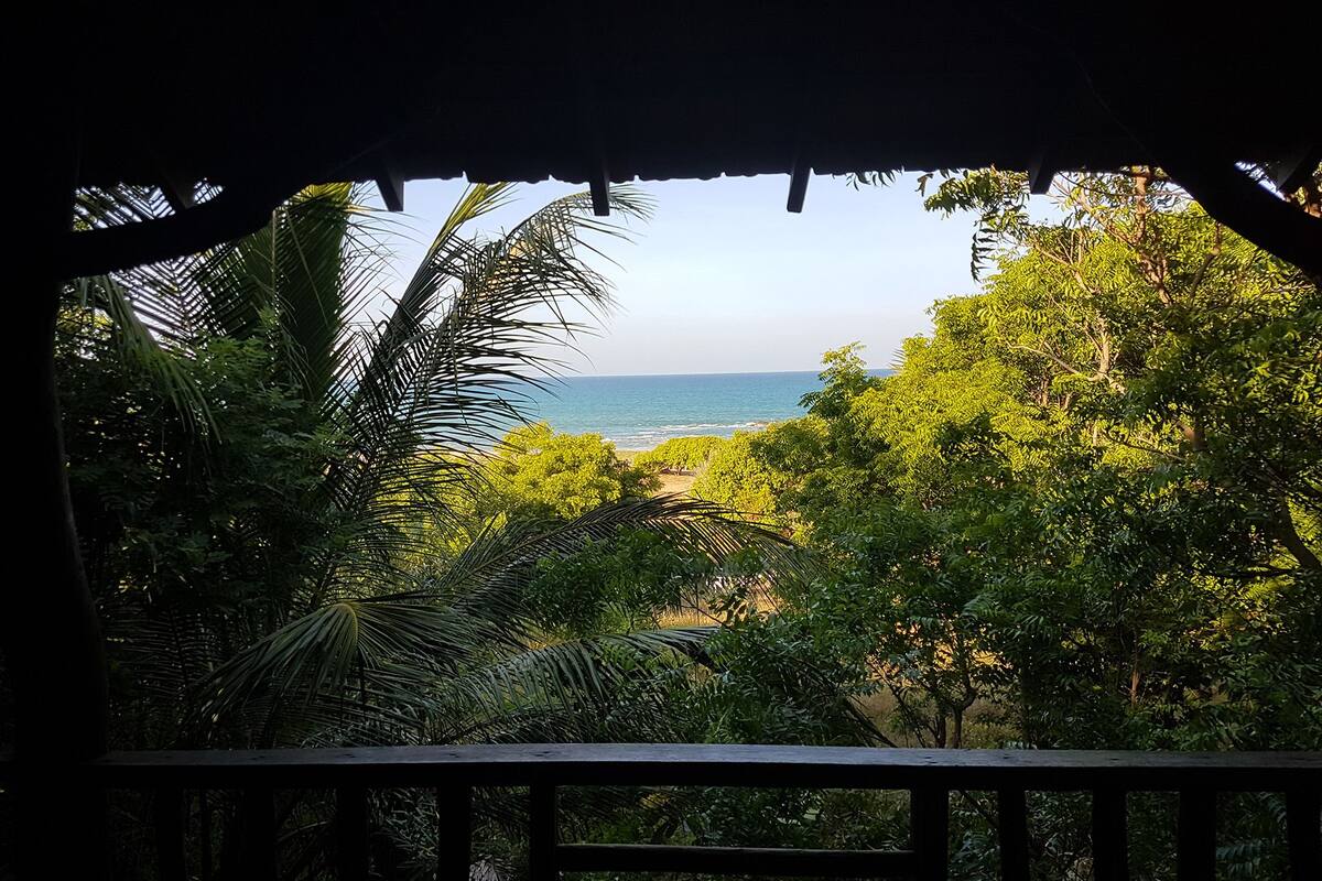 A view from a wooden balcony overlooking a beach with palm trees and ocean.