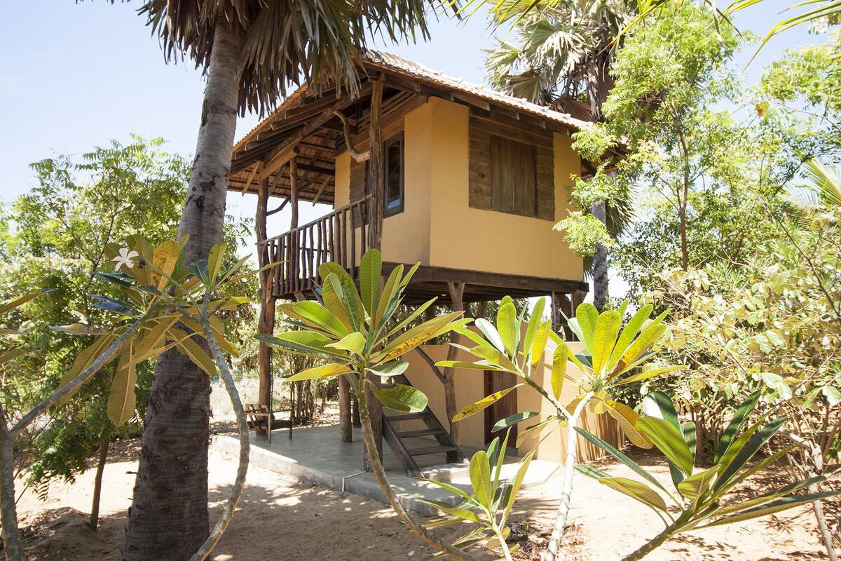 A two-story wooden structure with a balcony, surrounded by tropical vegetation.
