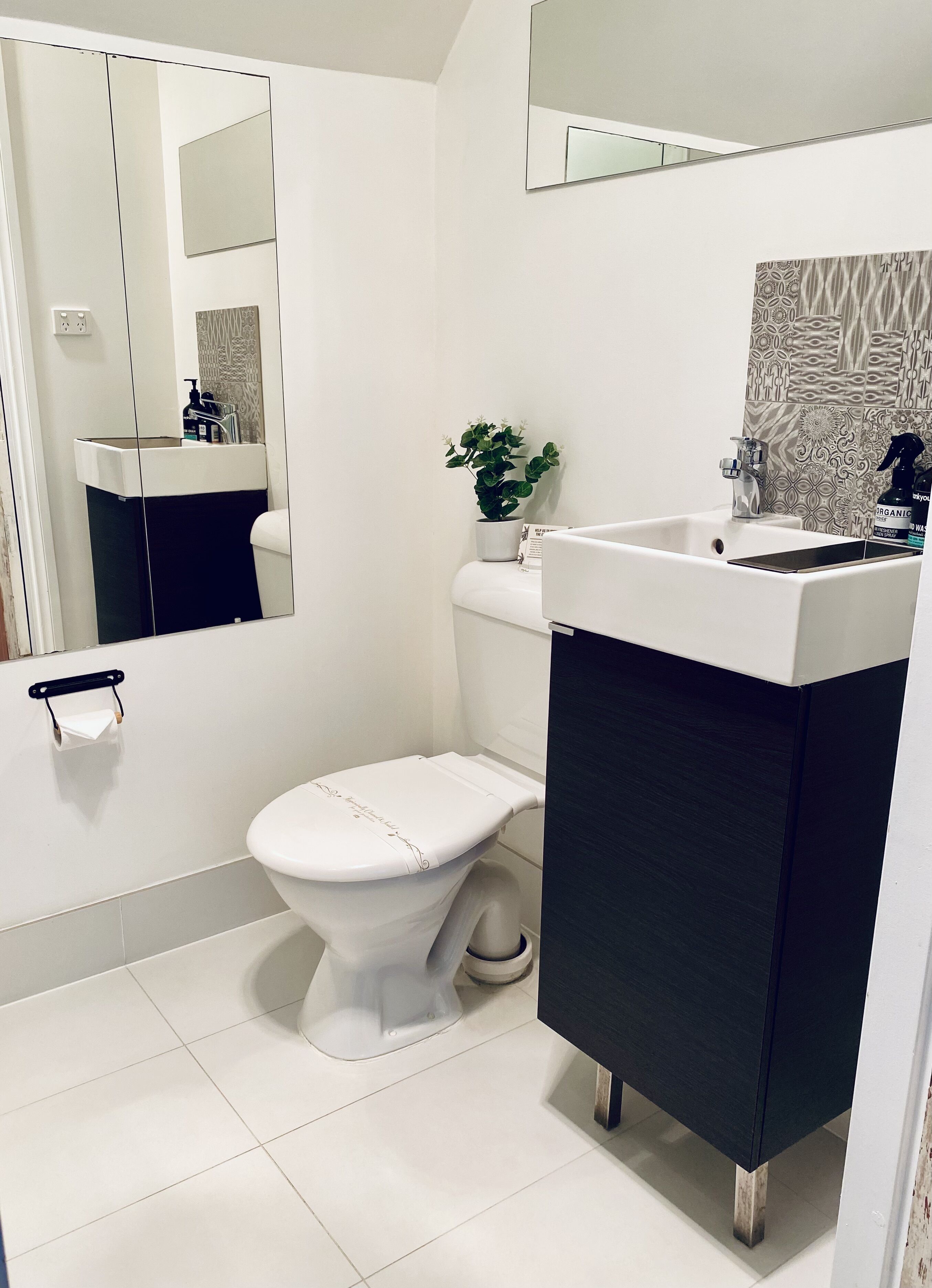 A modern bathroom with a white toilet, a black vanity, a mirror, and a potted plant.