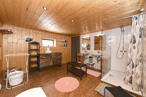 Shower, hair dryer, soap