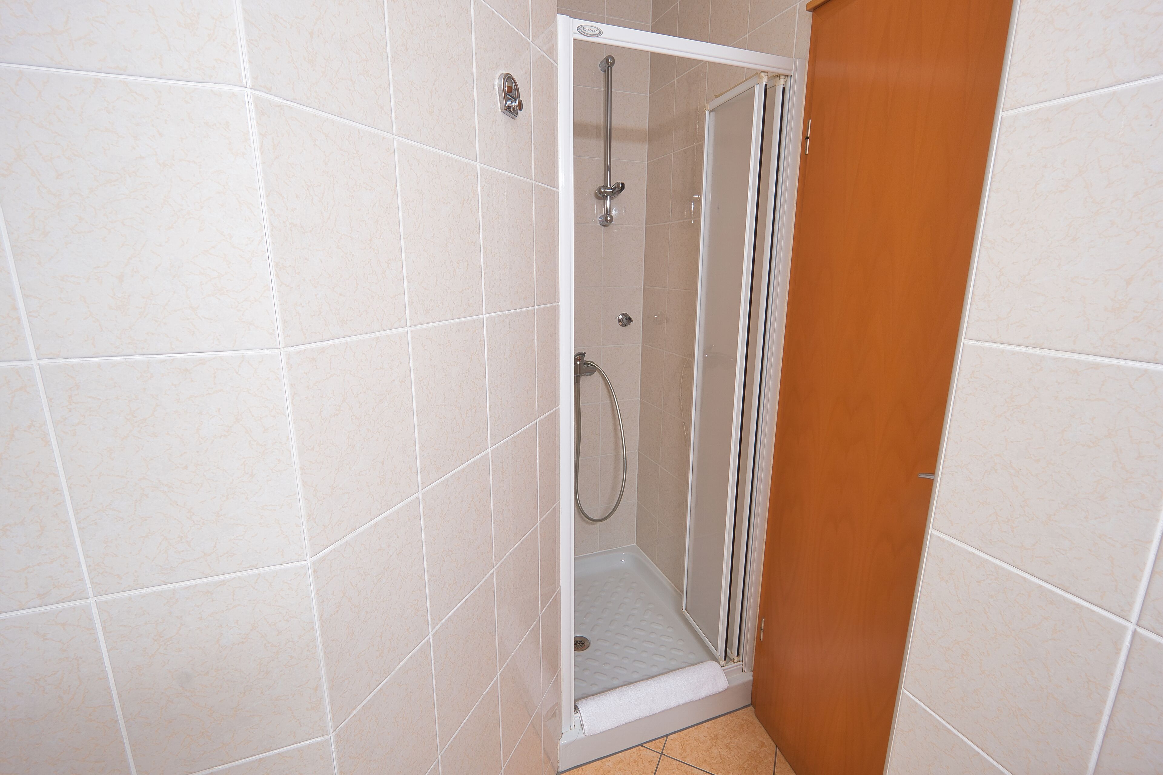 Un espacio de ducha con puerta de vidrio, paredes de azulejos y una puerta de madera.
