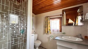 Une salle de bain avec un plafond en bois, des toilettes, un lavabo et une douche dont la porte est ornée d’un motif.