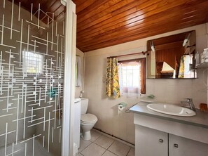 A bathroom with a wooden ceiling, a toilet, a sink, and a shower with a patterned door.