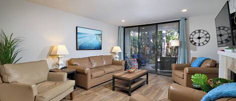 Televisión, chimenea, reproductor de DVD y tenis de mesa