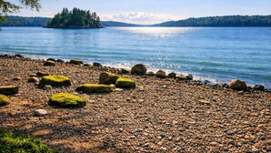 Una spiaggia ciottolosa con rocce ricoperte di muschio e un'isola boscosa all'orizzonte.