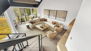 TV, fireplace, music library