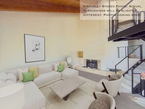 TV, fireplace, music library