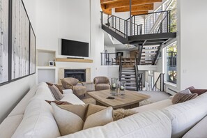 TV, fireplace, music library