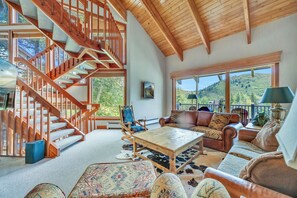 TV, fireplace, music library