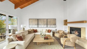 TV, fireplace, music library