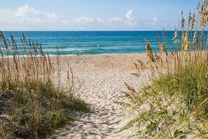 Una spiaggia sabbiosa con erba alta in primo piano e un oceano blu limpido sullo sfondo.