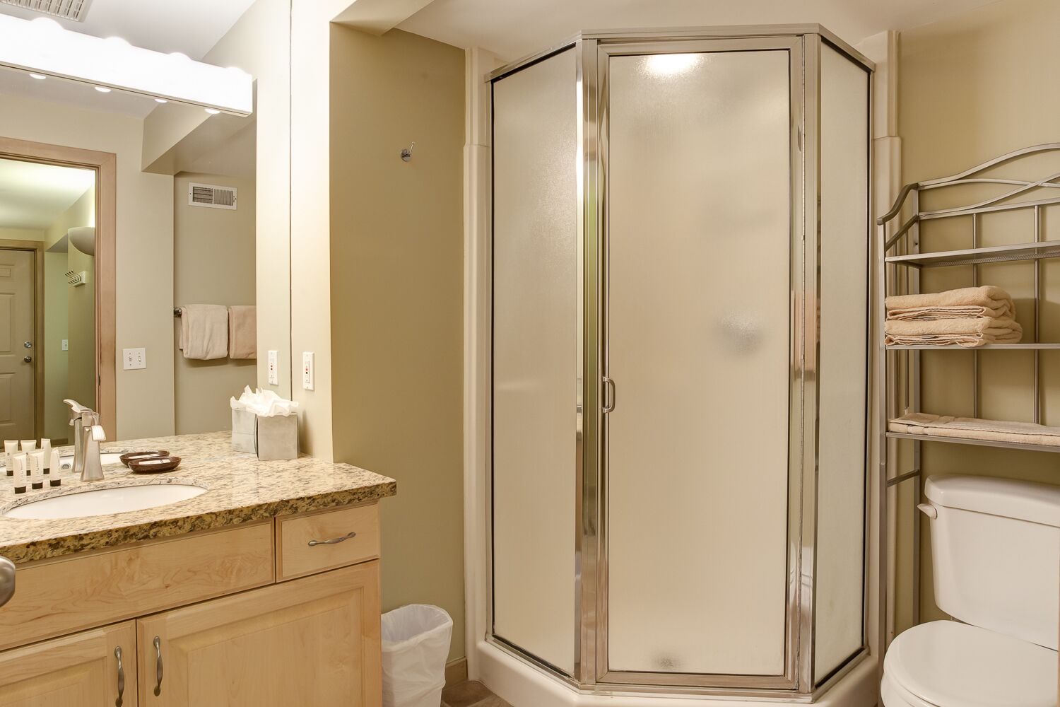A bathroom with a marble sink, a glass-enclosed shower, and a toilet.