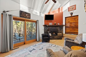 Smart TV, fireplace, DVD player, video library