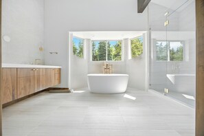 Combined shower/tub, jetted tub, free toiletries, hair dryer