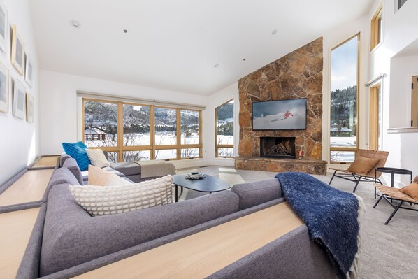 Smart TV, fireplace, DVD player, music library