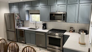 A modern kitchen with grey cabinets, stainless steel appliances, a window, and a patterned rug. - Watts Bar Lake House (Spring City)