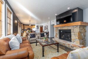 TV, fireplace, DVD player, music library