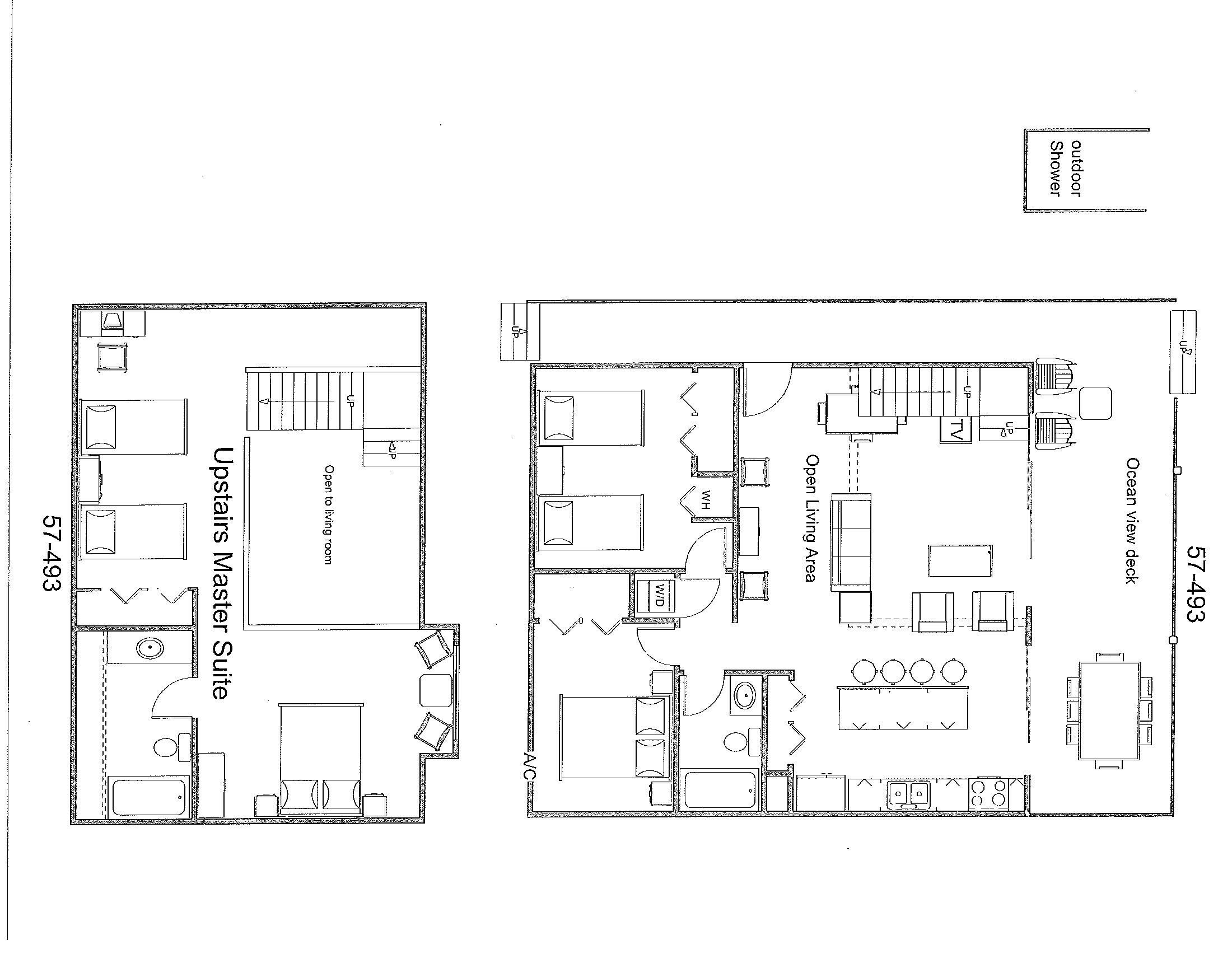 A floor plan of a hotel suite with an open living area, kitchen, and a view deck.